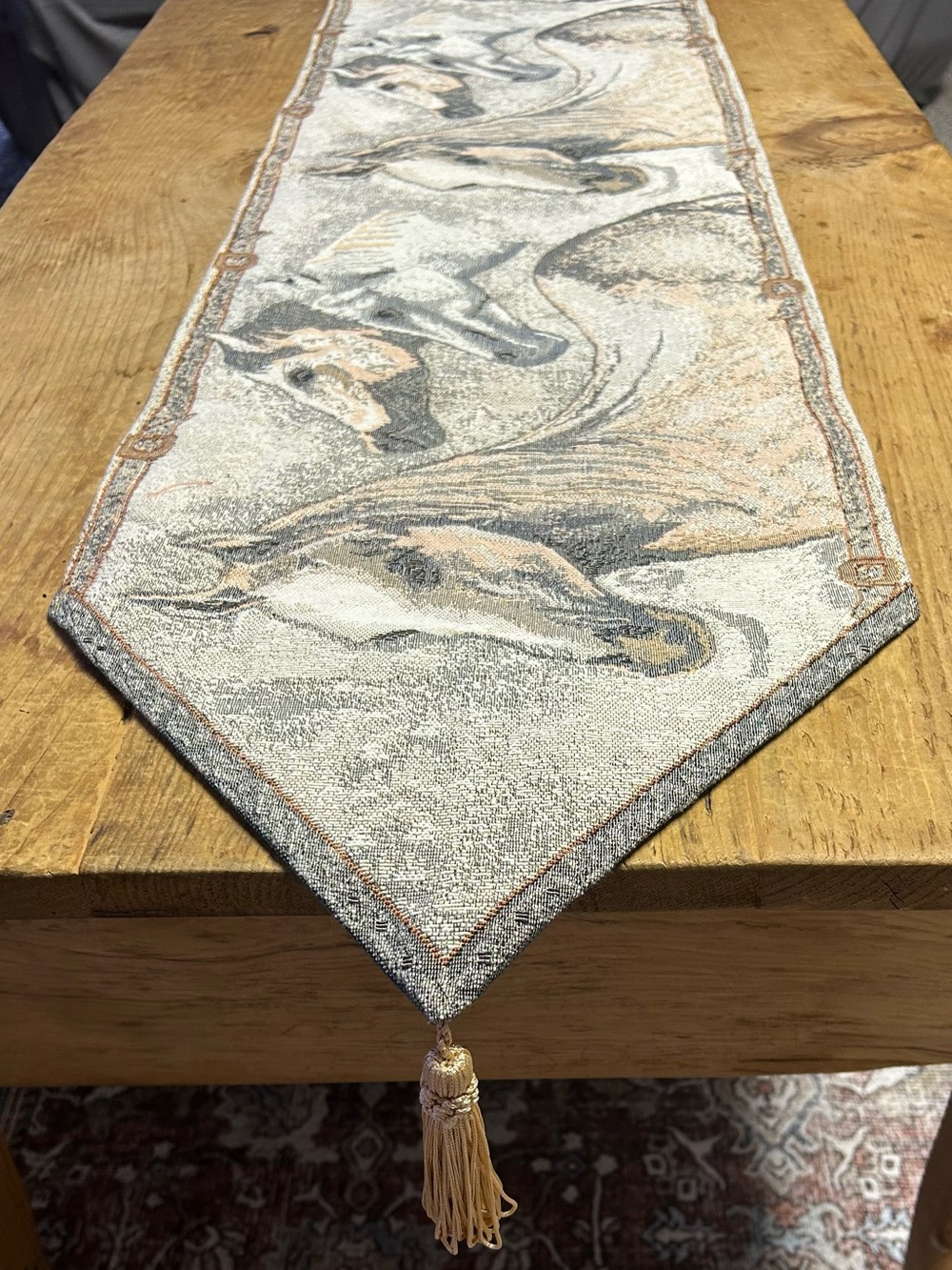 Decorative Horse Tapestry Table Runner in Cream and Gray